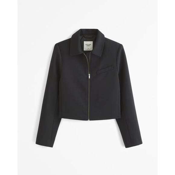 Abercrombie & Fitch Cropped Zip up Collared Jacket Black Sz Medium - Picture 1 of 7